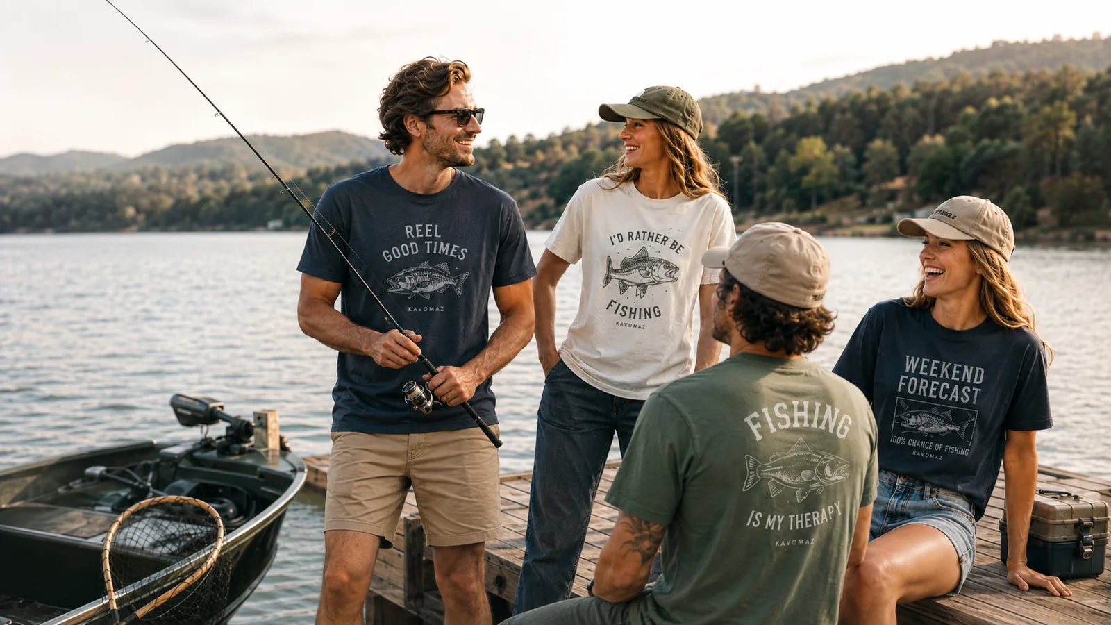 Friends wearing KAVOMAZ fishing apparel on a sunny lakeside dock