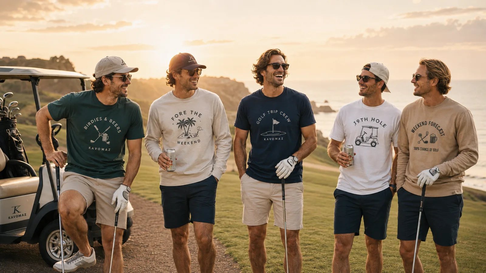 Golf trip friends wearing KAVOMAZ apparel on a sunny golf course