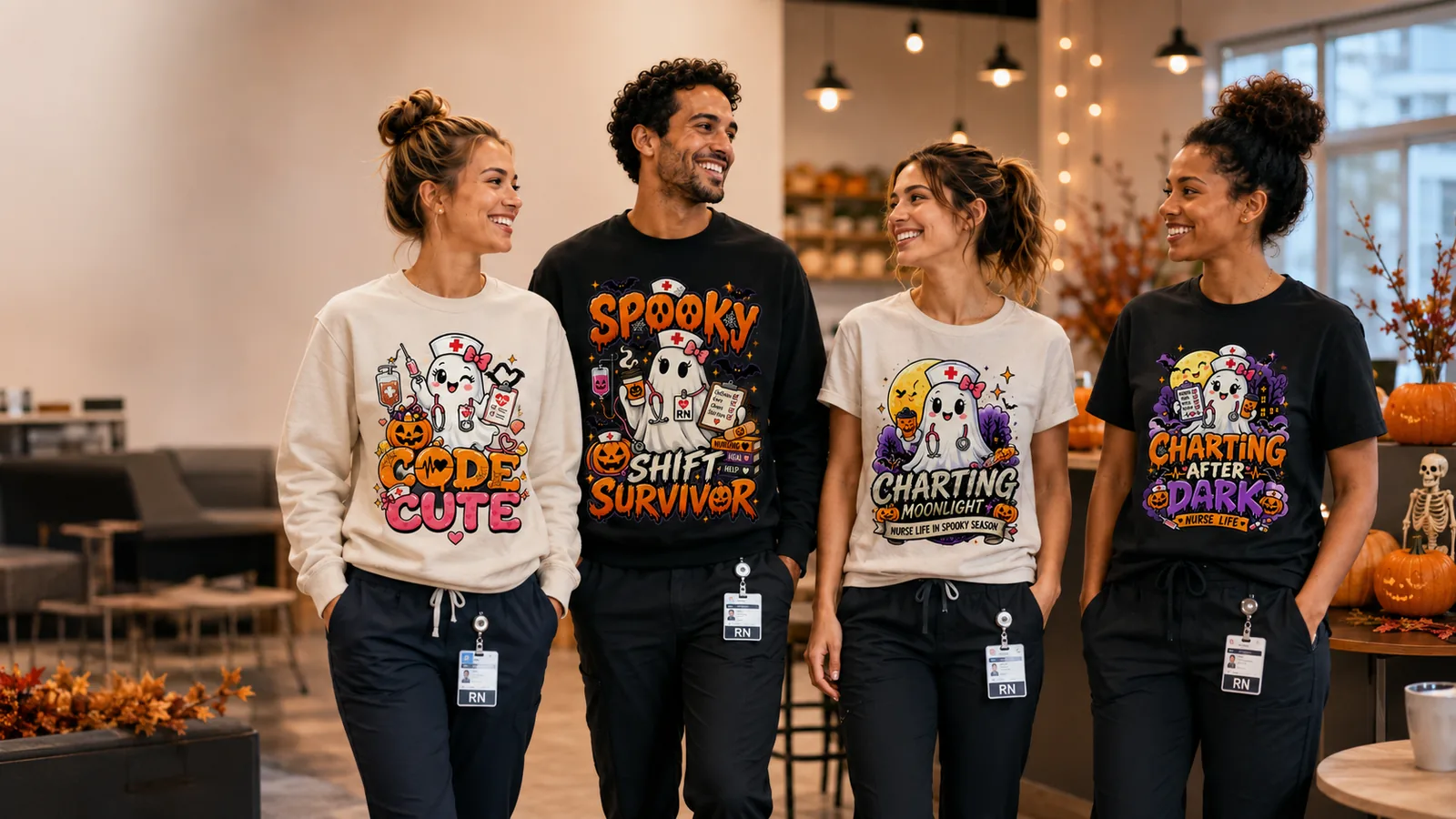 Halloween nurses wearing KAVOMAZ spooky-season nurse apparel in a decorated clinic