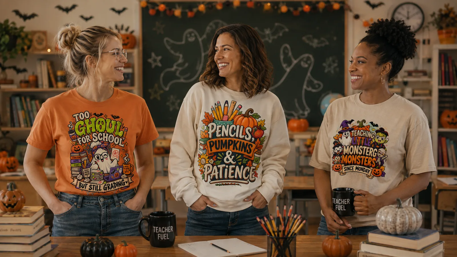 Teachers wearing KAVOMAZ Halloween teacher apparel in a decorated classroom