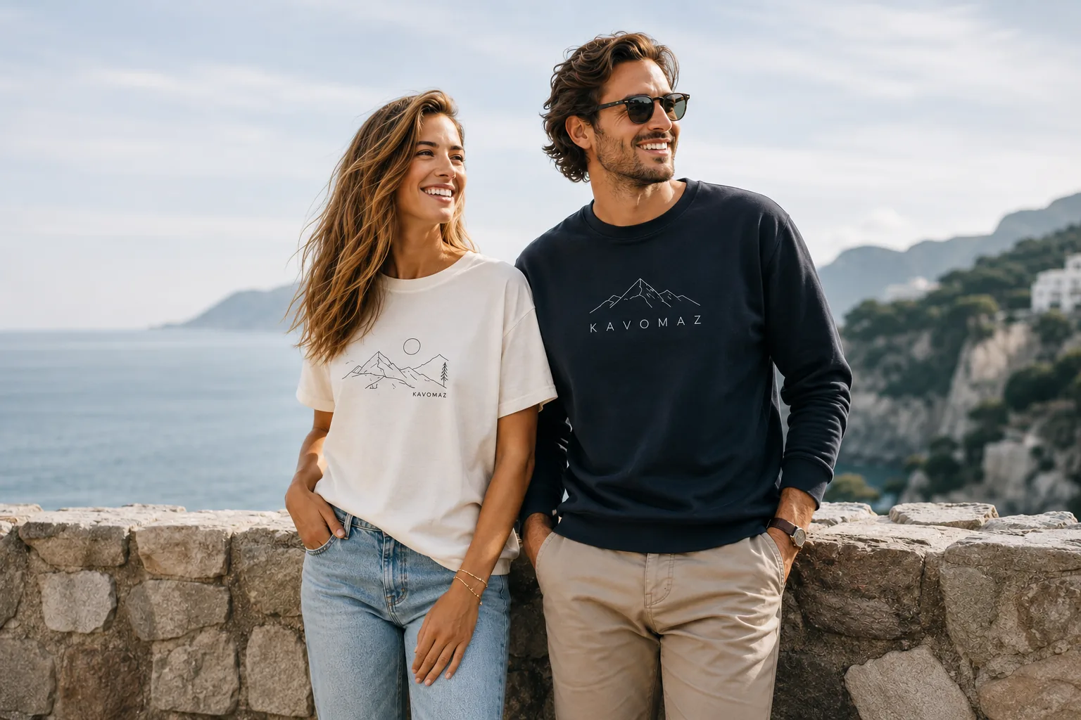 Woman and man wearing KAVOMAZ apparel in a coastal lifestyle setting