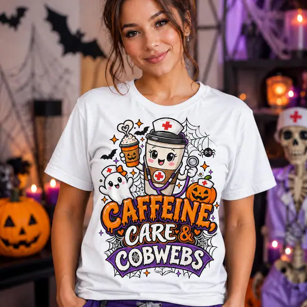 Caffeine, Care & Cobwebs Halloween Nurse Shirt lifestyle mockup