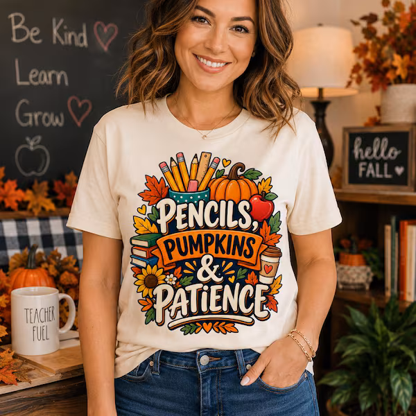 Pencils, Pumpkins & Patience Fall Teacher Shirt lifestyle mockup