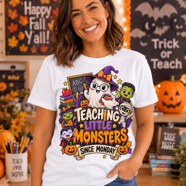 Teaching Little Monsters Halloween Teacher Shirt lifestyle mockup