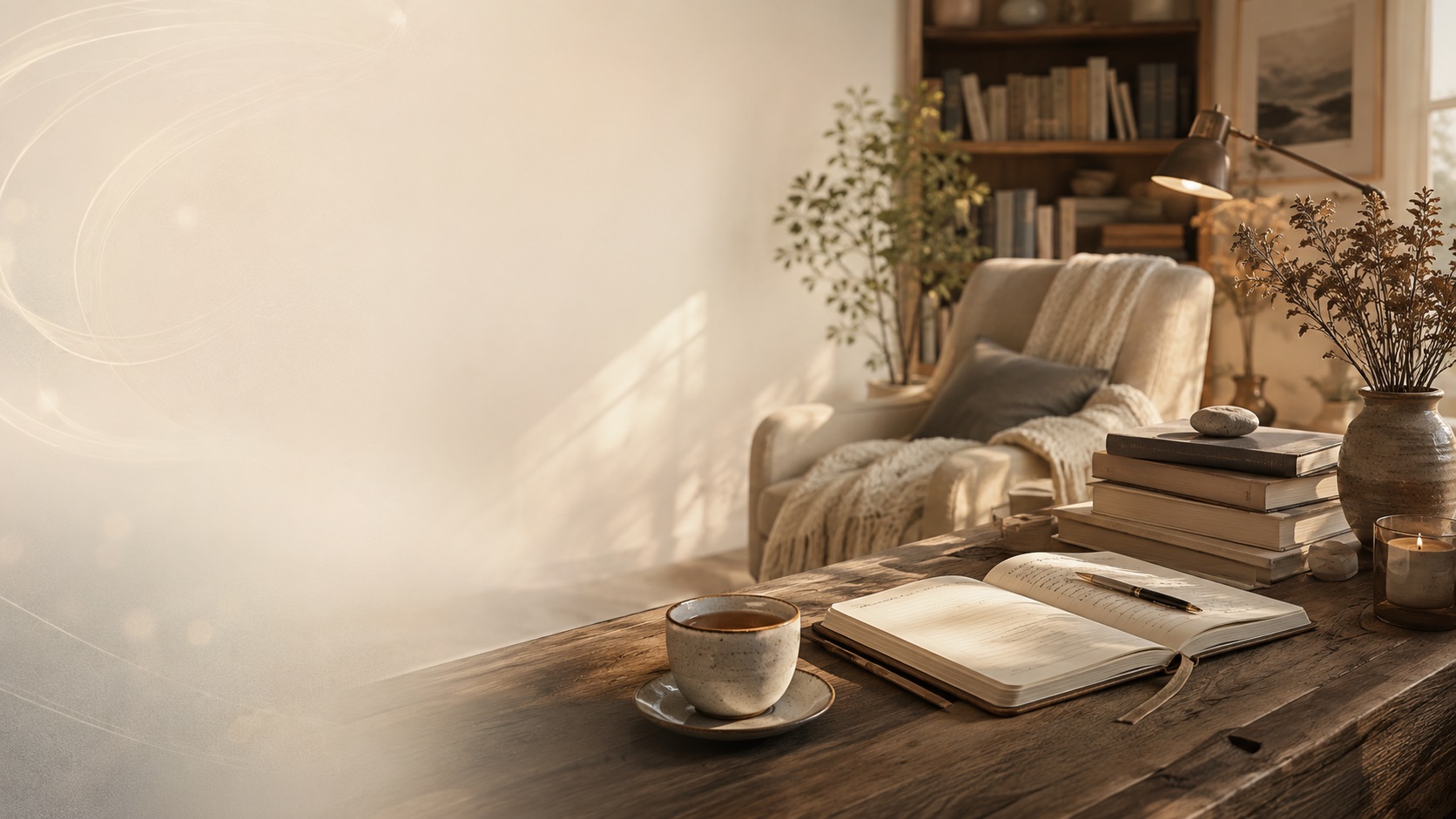 Calm self-help reading scene for Kavomaz Life